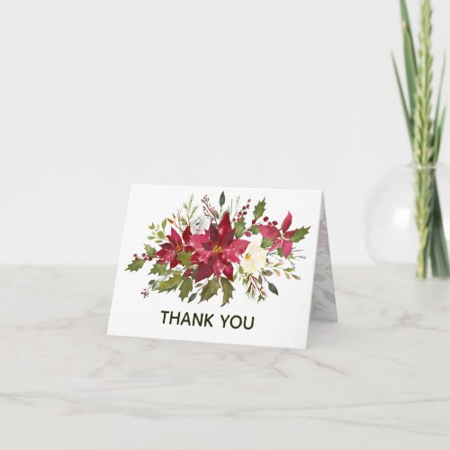 Blank Inside Poinsettia Greenery Christmas Wedding Thank You Card
