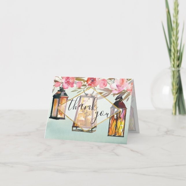 Blank Inside Rustic Romantic Lanterns Rose Gold Letterpress Thank You Card (Front)