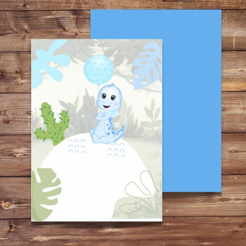 Blank Invitation DIY Cute Blue Dinosaur Balloon