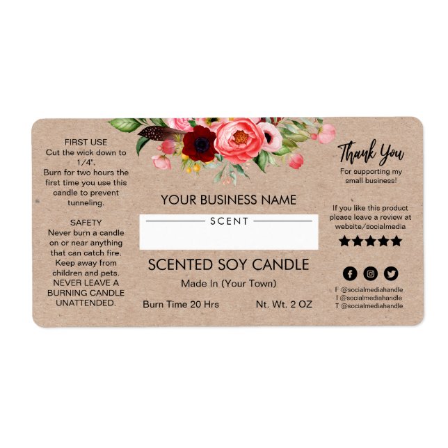 Blank Kraft Soy Candle Labels With Floral Bouquet (Front)