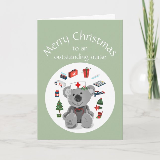 Blank Merry Christmas Nurse Cute Teddy Bear Card (Front)