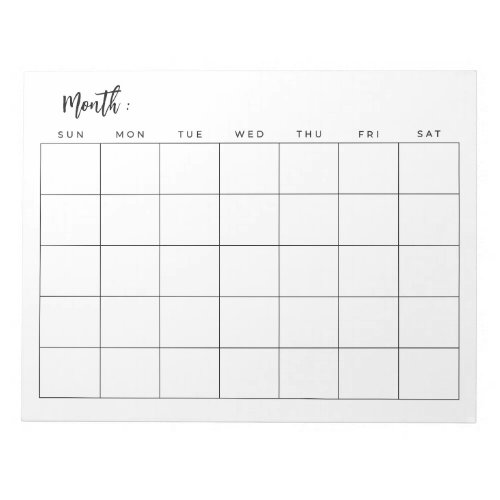 Blank monthly calendar notepad