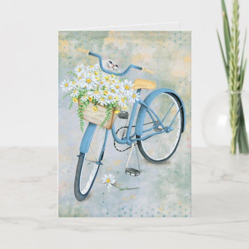 blank note card cat in daisy basket on bike