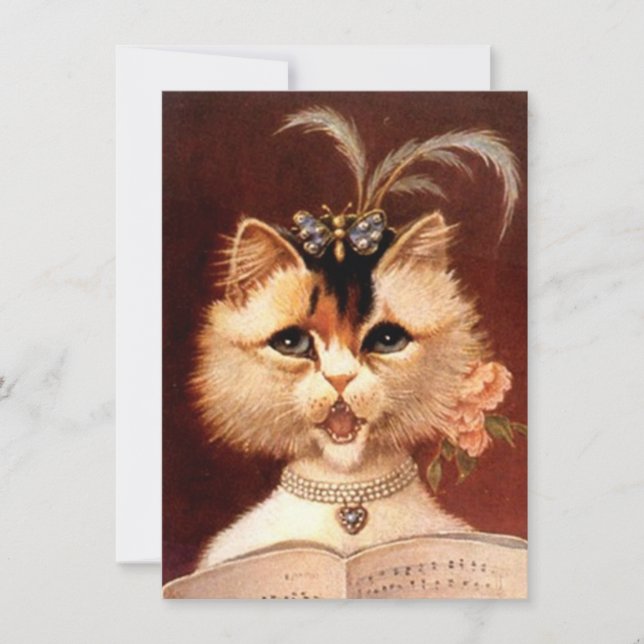 Blank Party Invitation Vintage Parlor Cat Singing (Front)