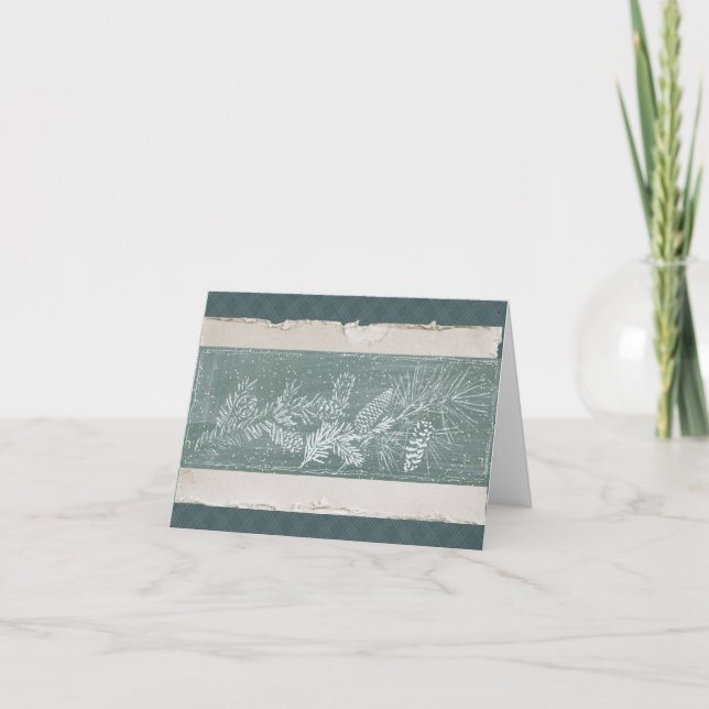 Blank Pinecone Teal Plaid Christmas Holiday Winter Card (Front)