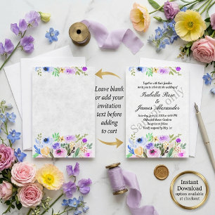 Blank Purple and blue watercolor floral wedding Invitation