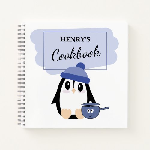 Blank Recipe Book to Write In Cute Blue Penguin