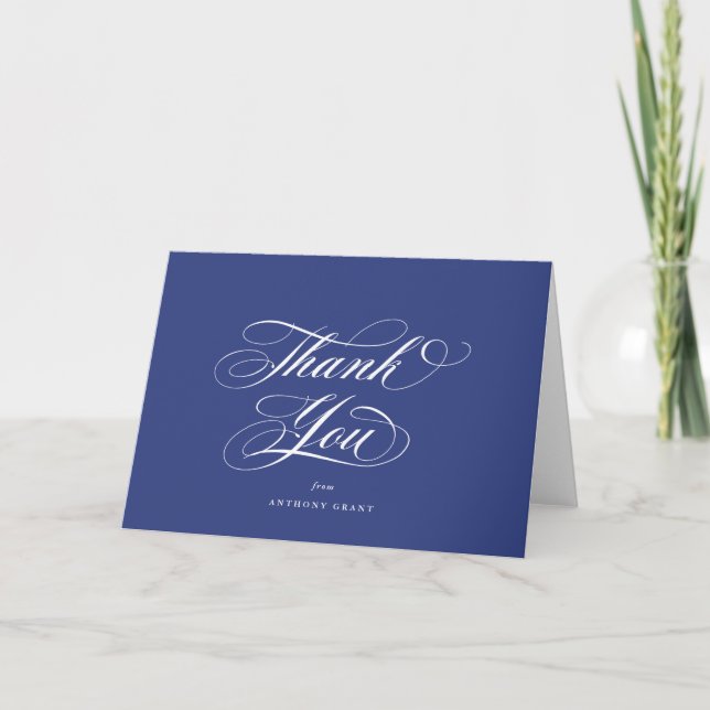 Blank Royal Blue Elegant Script Graduation Letterpress Thank You Card (Front)