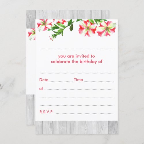 Blank Rustic Watercolor Trailing Petunias Birthday Invitation