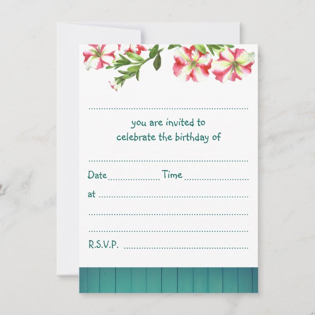 Blank Rustic Watercolor Trailing Petunias Birthday Invitation (Front)