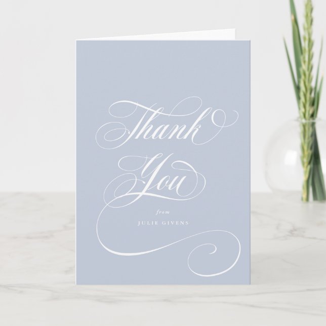 Blank Soft Blue Elegant Script Graduation Letterpress Thank You Card (Front)