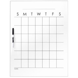 Blank Sunday Start Calendar with Notes Section Dry Erase Board