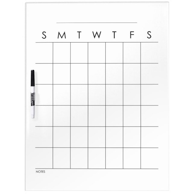 Blank Sunday Start Calendar with Notes Section Dry Erase Board (Front)