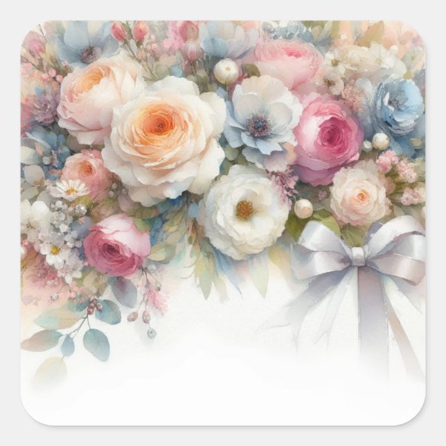 Blank Template Add Your Text Watercolor Flowers Square Sticker (Front)