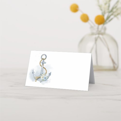 Blank Template Dusty Blue Floral Anchor Wedding Place Card