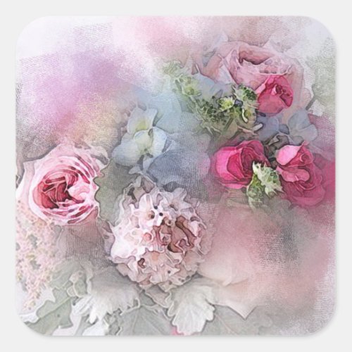 Blank Template Pink Red Roses Watercolor Artwork Square Sticker