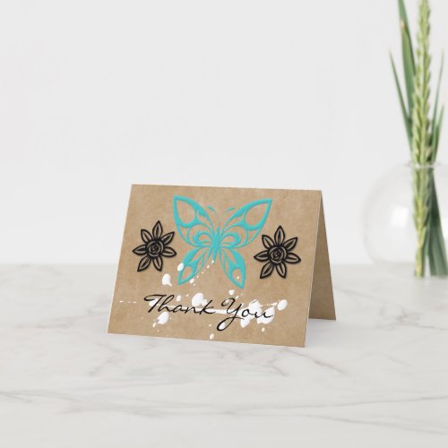 Blank Turquoise Butterfly  Floral Thank You Card