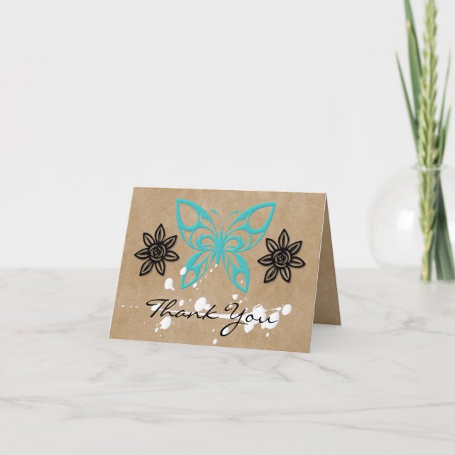 Blank Turquoise Butterfly & Floral Thank You Card (Front)