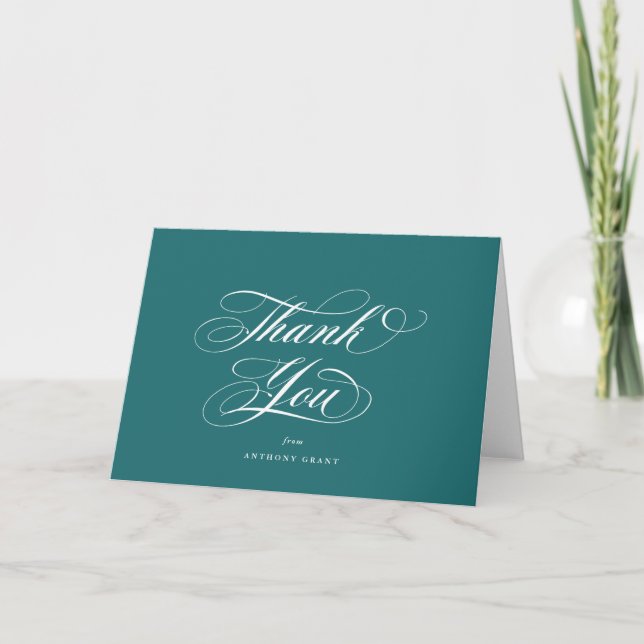Blank Turquoise Elegant Script Graduation Letterpress Thank You Card (Front)