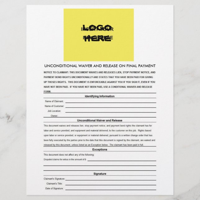 Blank Unconditional Waiver & Release Final (Front)