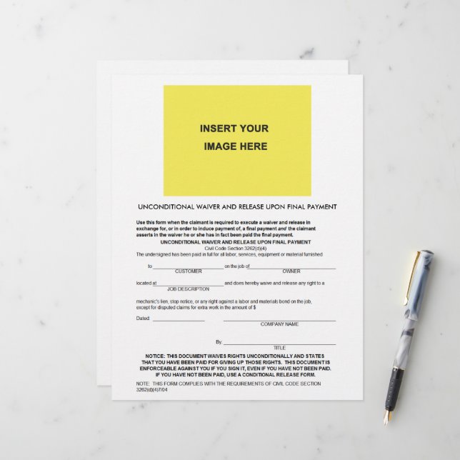 Blank Unconditional Waiver & Release Upon Final (Front/Back In Situ)