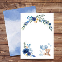 Blank Watercolor Flower Teddy Bear Blue Balloon