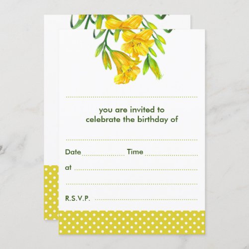 Blank Watercolor Yellow Day Lilies Polka Dots Invitation