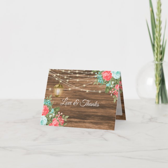 Blank - Wood, Lantern and Teal, Coral Floral  Thank You Card (Front)