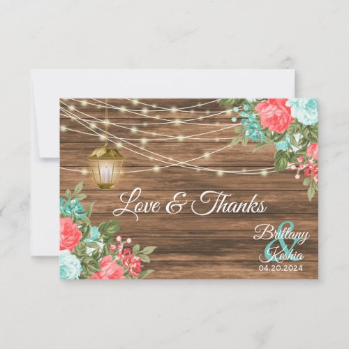 Blank _ Wood Lantern and Teal Coral Floral  Thank You Card