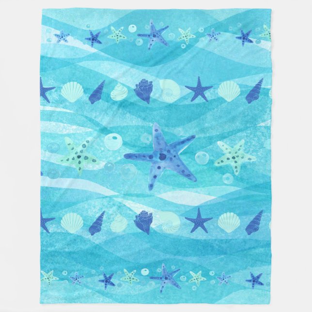 Blanket Blue Starfish Seashell Ocean Waves Beachy (Front)