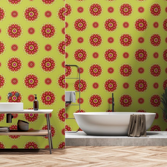 Blanket Flowers on Green Wallpaper (Bathroom)