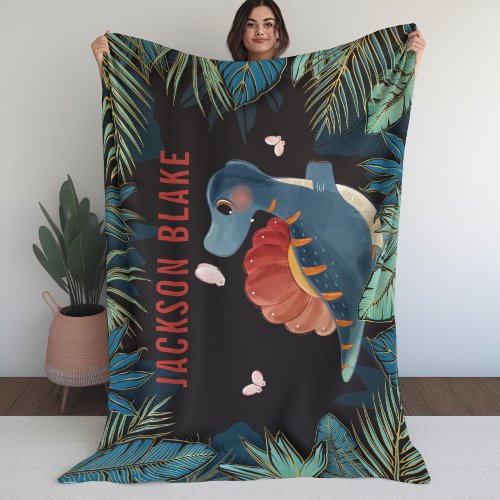 Blanket for Boys with Dinosaur and Golden Foliage