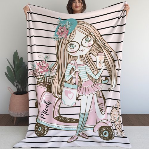 Blanket for Girls with Girl and Cat With Scooter