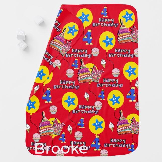 Blanket, Happy 4th Birthday, #4 Birthday Red Baby Blanket (In Situ)