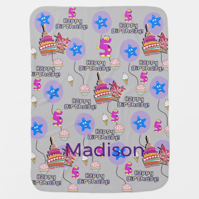 Blanket, Happy 5th Birthday, #5 Birthday Gray Baby Blanket (Front)