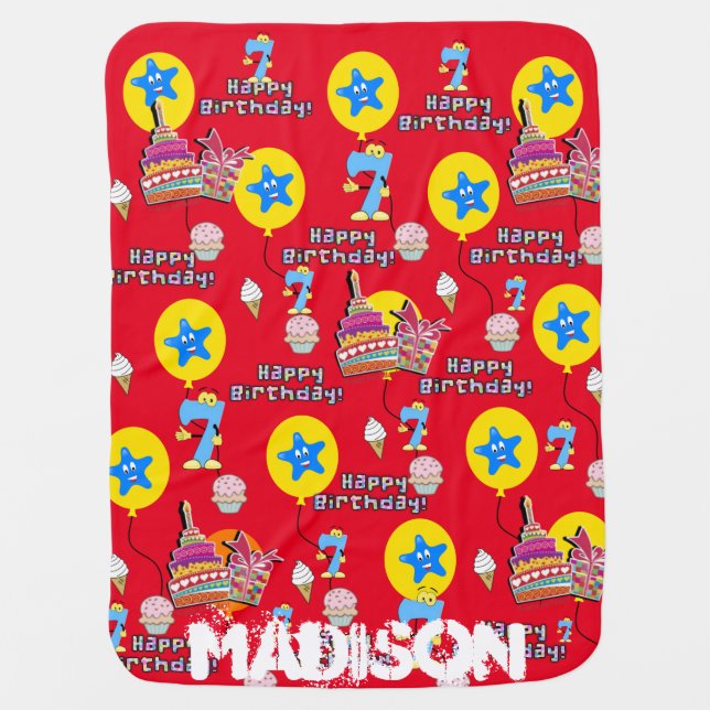 Blanket, Happy 7th Birthday, #7 Birthday Red Baby Blanket (Front)