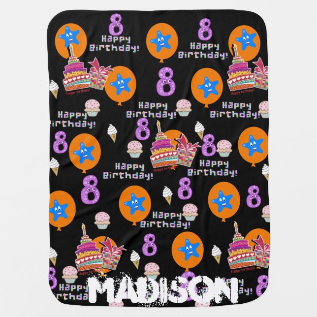 Blanket, Happy 8th Birthday, #8 Birthday Black Baby Blanket (Front)