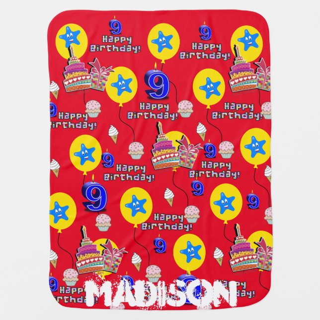 Blanket, Happy 9th Birthday, #9 Birthday Red Baby Blanket (Front)