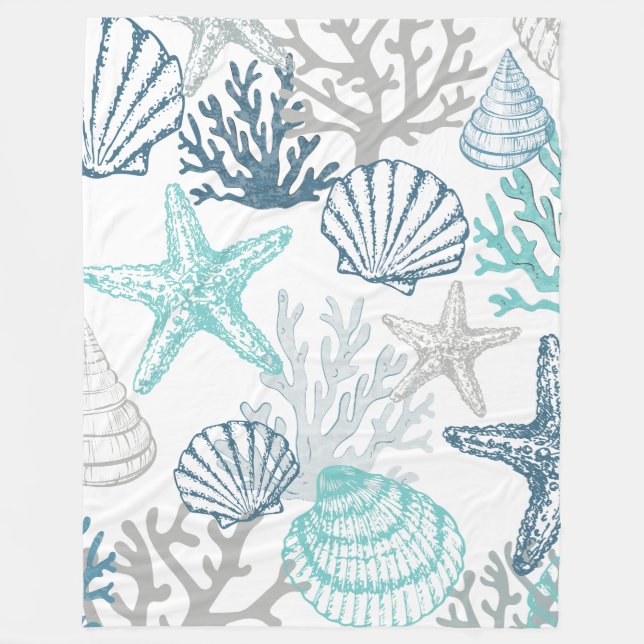 Blanket Teal Starfish Seashell Coastal Sealife  (Front)