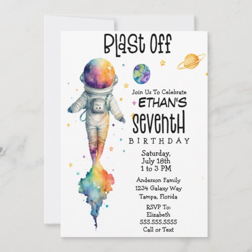 Blast Off _ Astronaut Space Seventh Birthday  Invitation