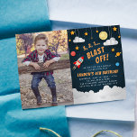 Blast Off | Birthday Party Photo Invitation<br><div class="desc">Cool space themed birthday party invitations feature a rocket ship, stars, planets and clouds against a night sky background, with "3, 2, 1... blast off" in bright comic book style lettering. Personalize with your birthday party details beneath, and add a favorite photo of the birthday boy for a cool personal...</div>