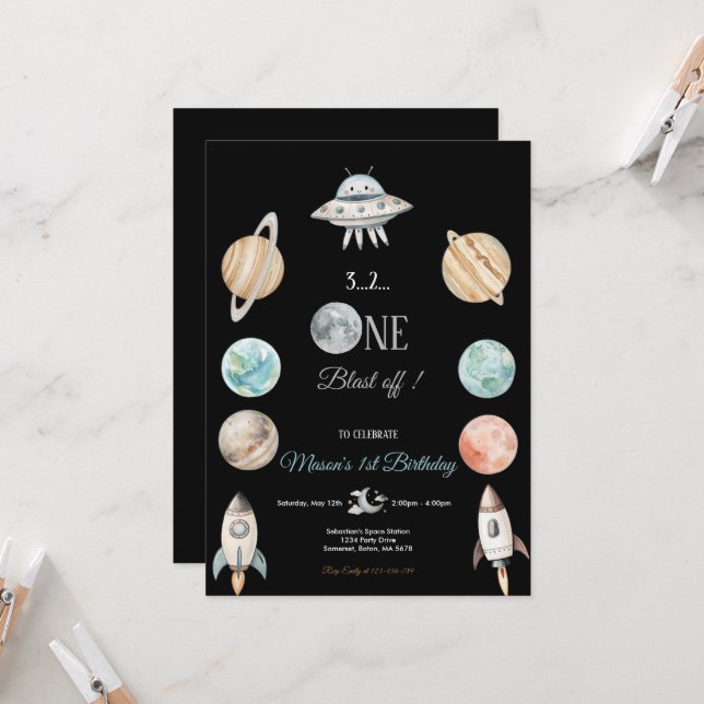 BLAST OFF BLACK SPACE AND PLANETS BIRTHDAY PARTY  INVITATION (Front/Back In Situ)