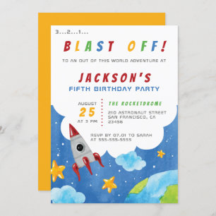 Blast Off! Boys Outer Space Theme Birthday Party Invitation