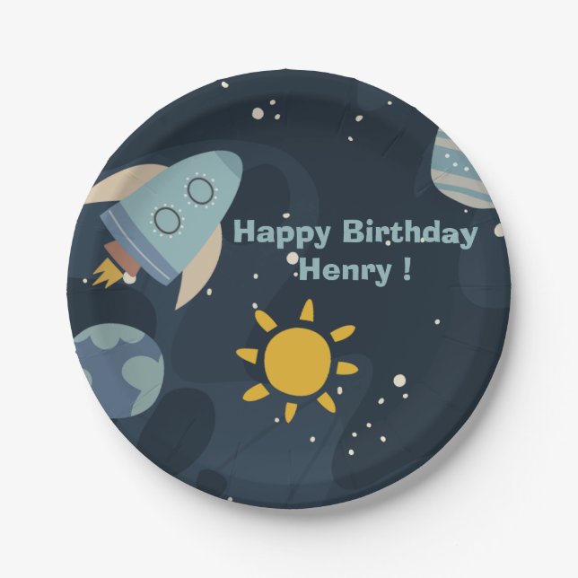 Blast Off First Trip around the Sun First Birthday Paper Plates (Front)