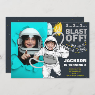 Blast Off Outer Space Astronaut Photo Birthday Invitation