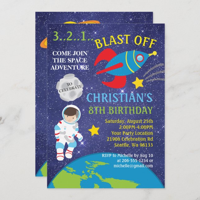 Blast Off Outer Space Birthday Invitation (Front/Back)