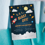 Blast Off | Outer Space Birthday Party Invitation<br><div class="desc">Cool space themed birthday party invitations feature a rocket ship,  stars,  planets and clouds against a night sky background,  with "3,  2,  1... blast off" in bright comic book style lettering. Personalize with your birthday party details beneath.</div>