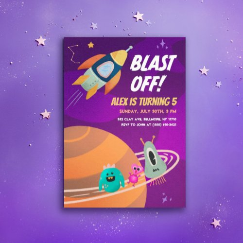 Blast Off Outer Space Kids Birthday Party Invites