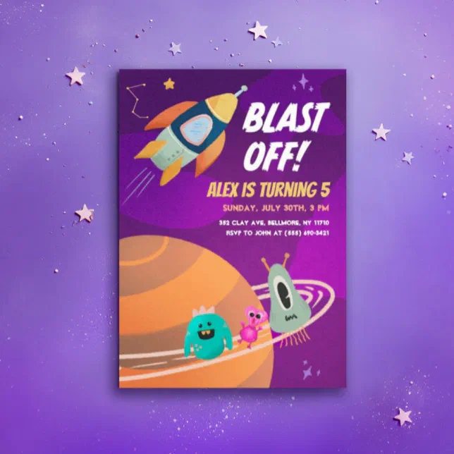 Blast Off Outer Space Kids Birthday Party Invites | Zazzle