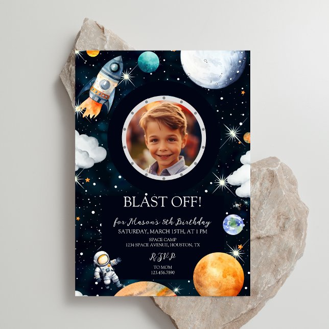 Blast Off Outer Space Photo Birthday Invitation (Creator Uploaded)